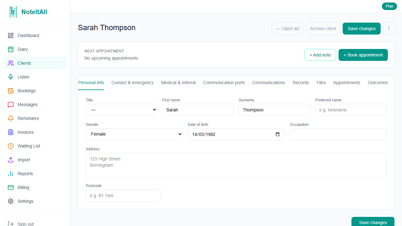 The + Book appointment button on a client profile