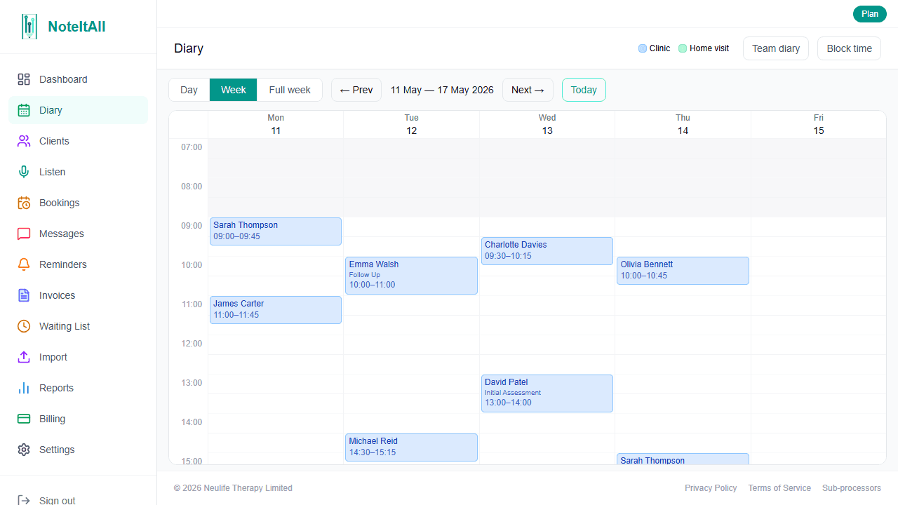 The diary view showing this week's appointments