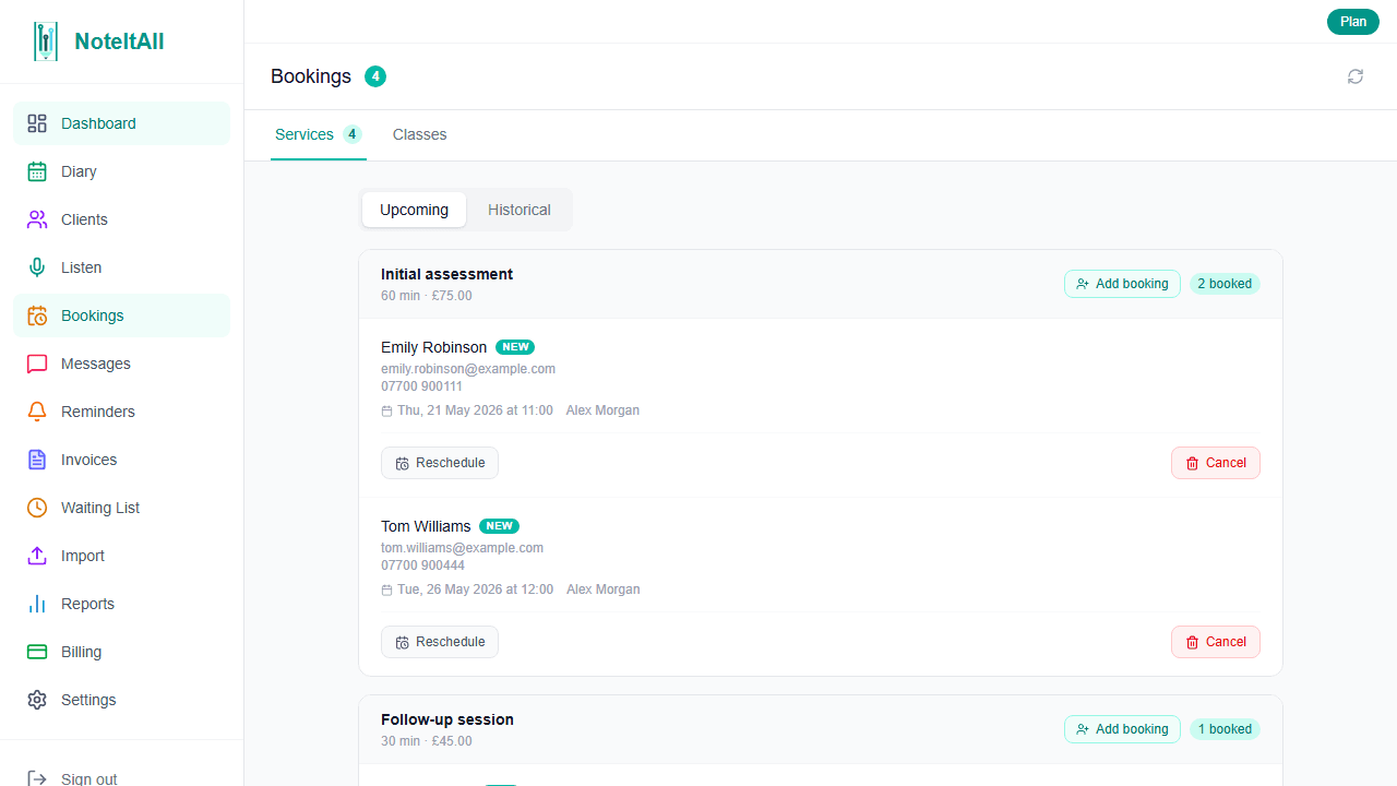 The Bookings page in the dashboard showing a list of recent incoming bookings with patient name, service, slot, and new client indicator
