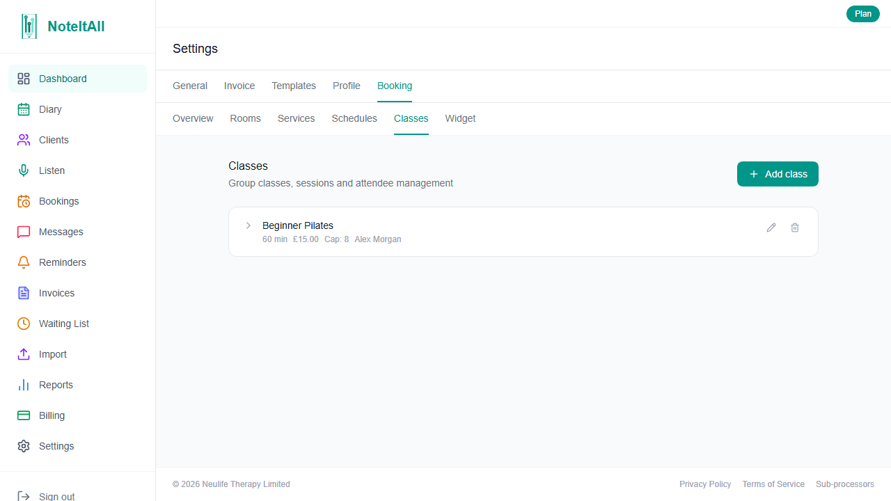 The Classes settings page showing a class with capacity, pricing type, waitlist toggle, and a list of upcoming sessions beneath it