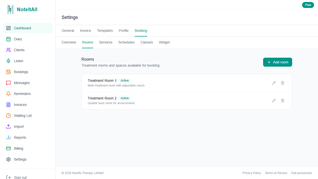 The Rooms settings page showing a list of rooms with name and active toggle columns and an Add room button