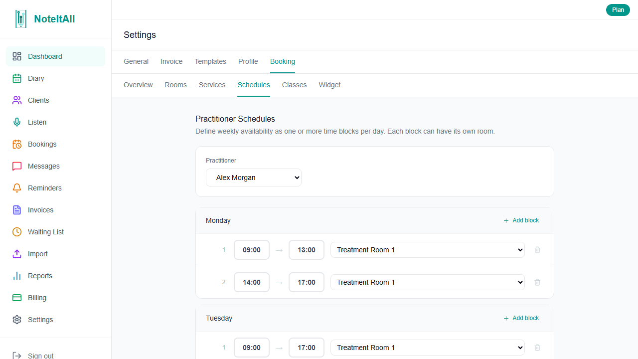 The Schedules settings page showing a practitioner's weekly working blocks grouped by day of week with start time, end time, and room columns