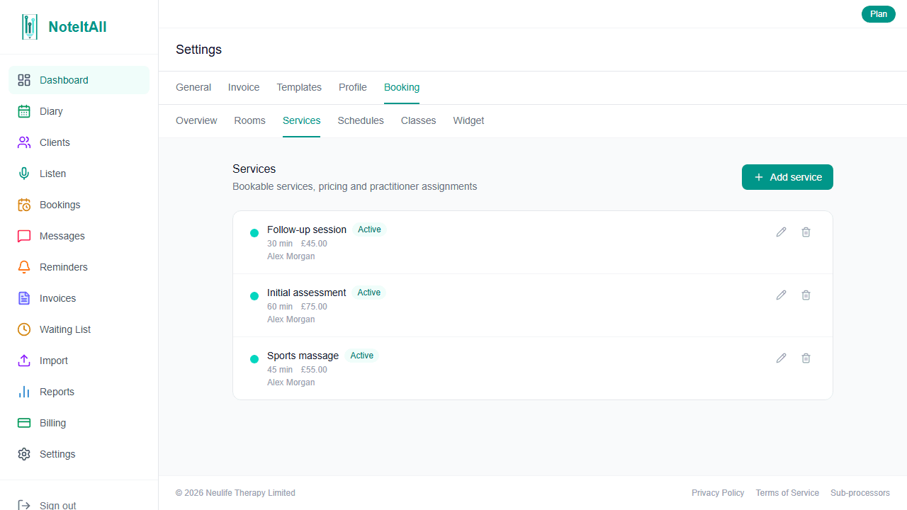 The Services settings page showing a list of services with name, duration, price, and assigned practitioners columns and an Add service button