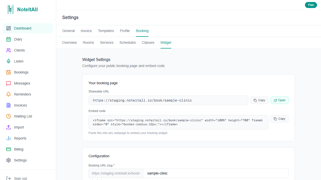 The Widget settings page showing the public URL, heading, primary colour picker, show prices toggle, advance booking days, and minimum notice fields