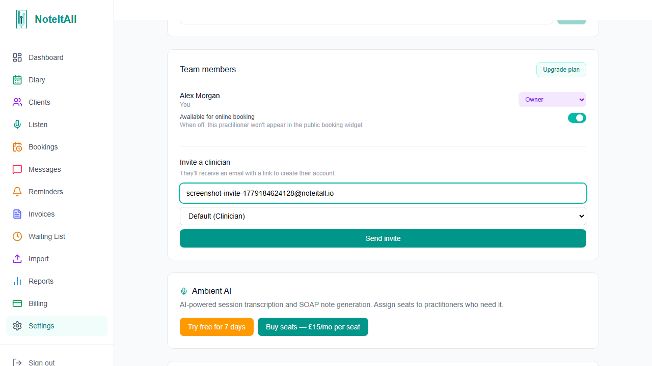 The Invite a clinician form with email and role fields