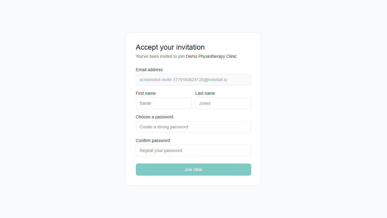 The join page showing the clinic name, locked email field, and account creation form