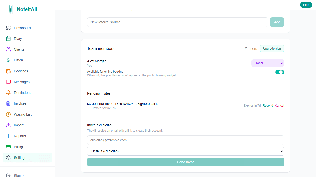 The pending invites list showing email, role, invited date, expiry status, and Resend and Cancel buttons
