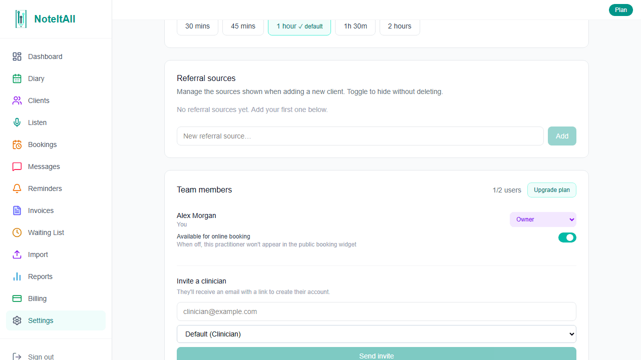 The Team members section in Settings showing active practitioners and the invite form
