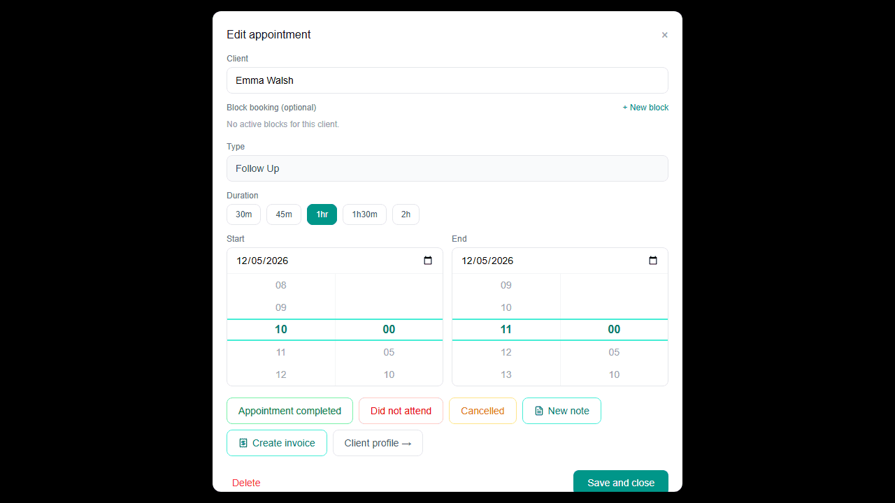The appointment outcome section in the diary modal showing the Create invoice button alongside the outcome fields