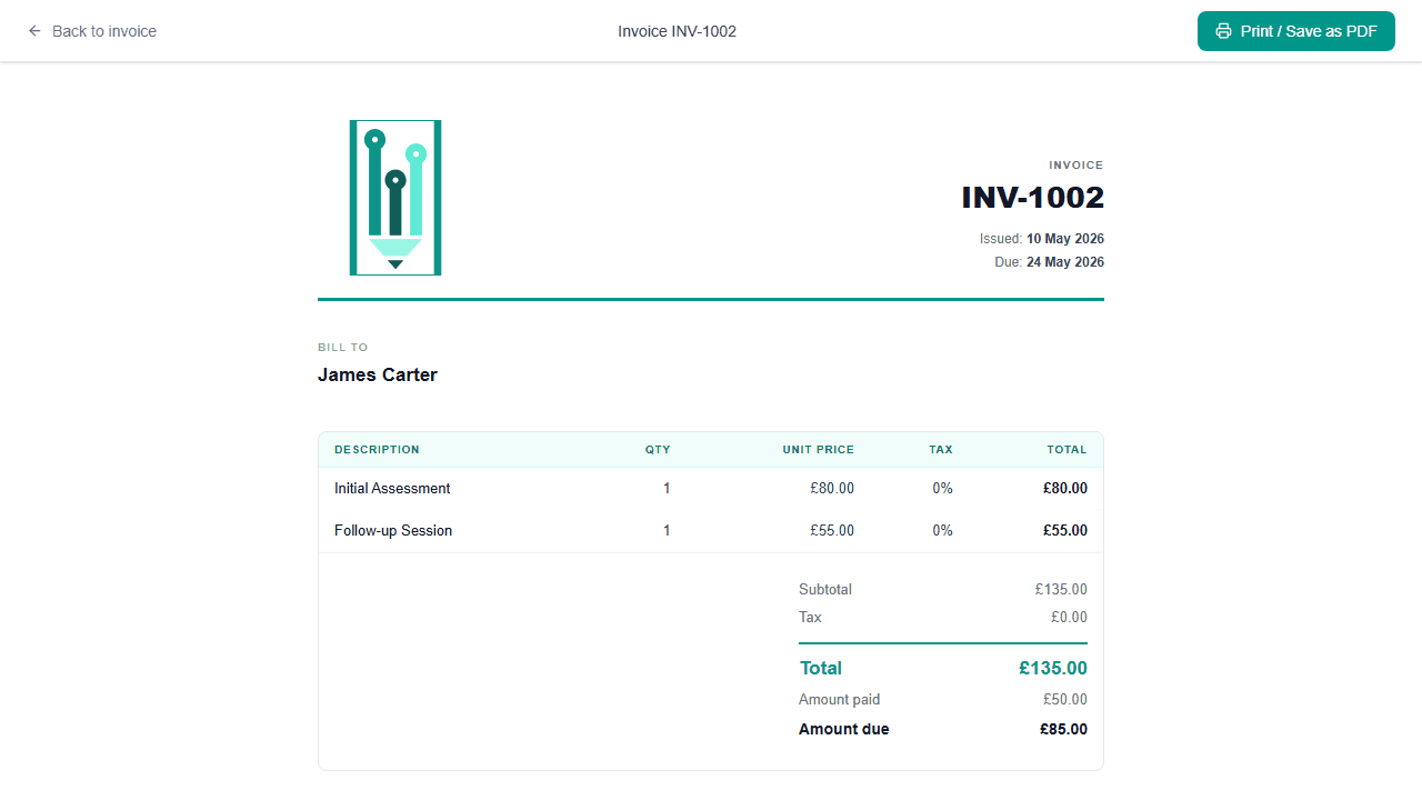 The invoice preview page showing a formatted invoice with logo, client details, line items table, totals, and bank details