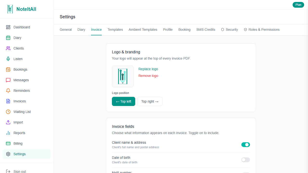 The Invoices settings page showing logo upload, numbering, currency, payment terms, tax rate, bank details, and notes template fields