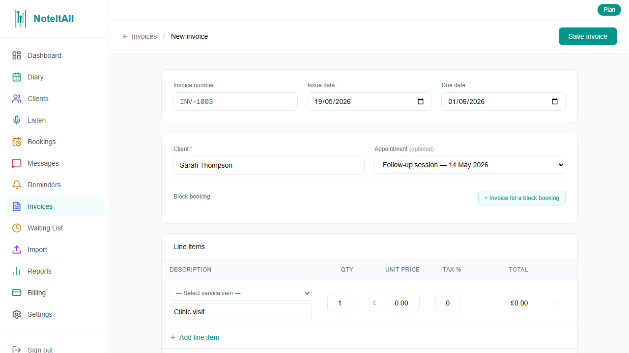 The new invoice form showing patient selector, line items table, issue and due date fields, and the Create as paid toggle
