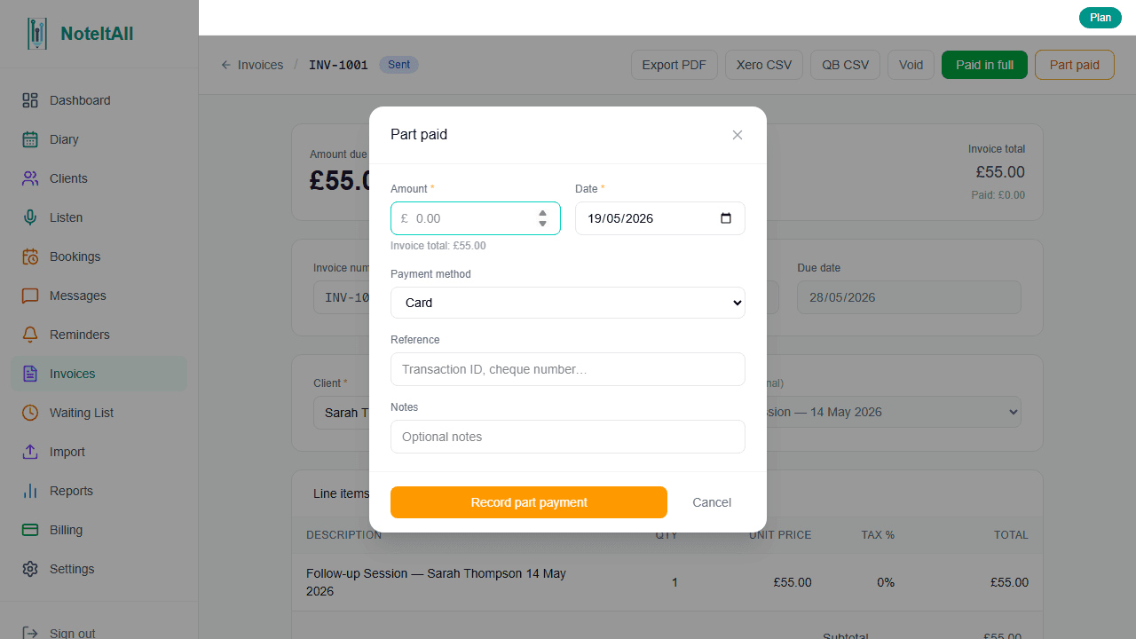 The invoice detail page showing the Paid in full and Part paid buttons and the payment history table listing previous payments