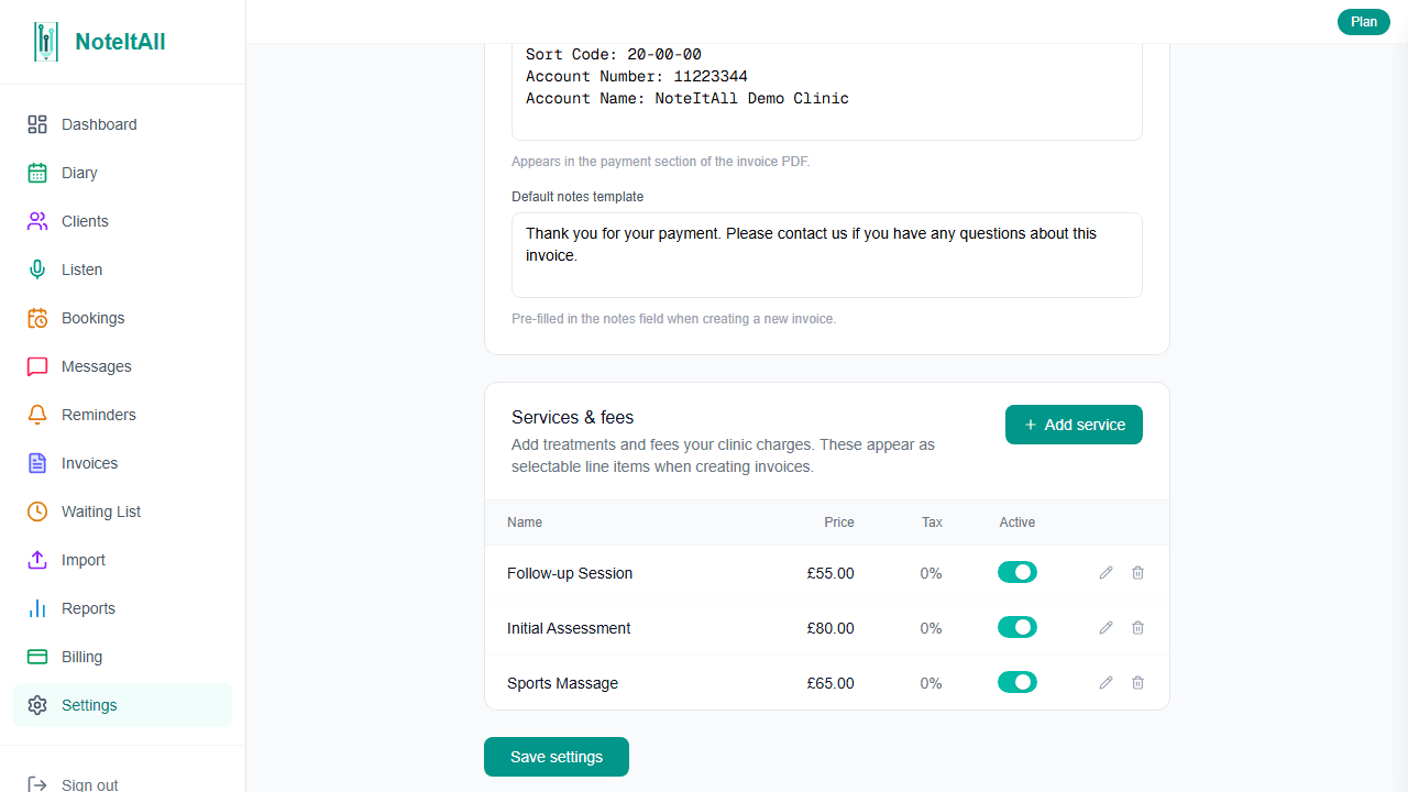 The Services and fees section in Invoice settings showing a list of service items with name, price, and tax rate columns and an Add service item button