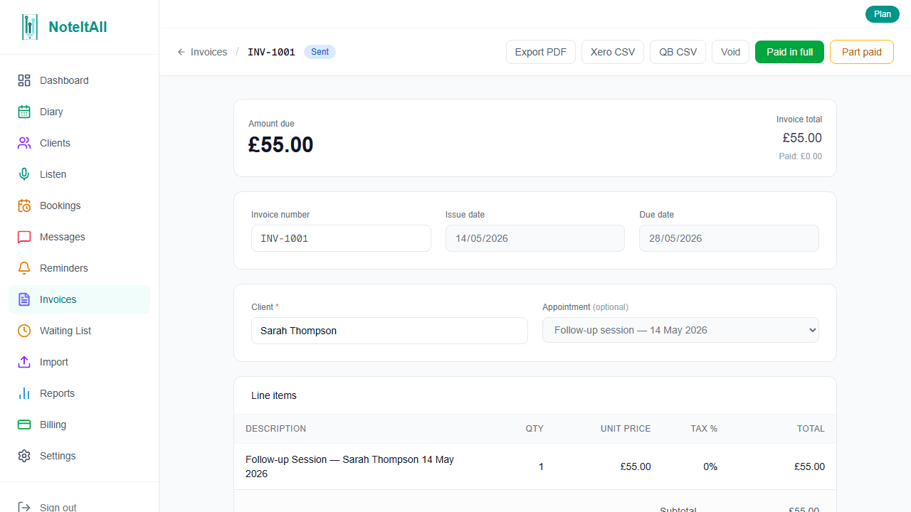 The invoice detail page showing the Void button on a sent invoice
